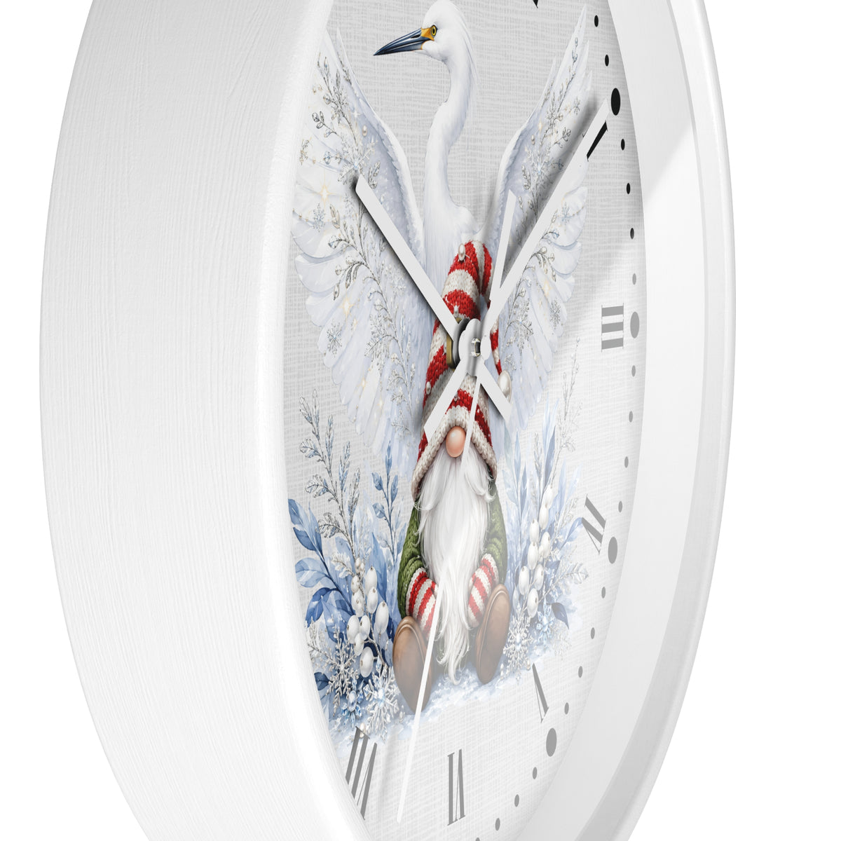 Round white wall clock with a festive winter illustration of a white heron and a gnome wrapped in a red-and-white striped sweater, shown against a white background.