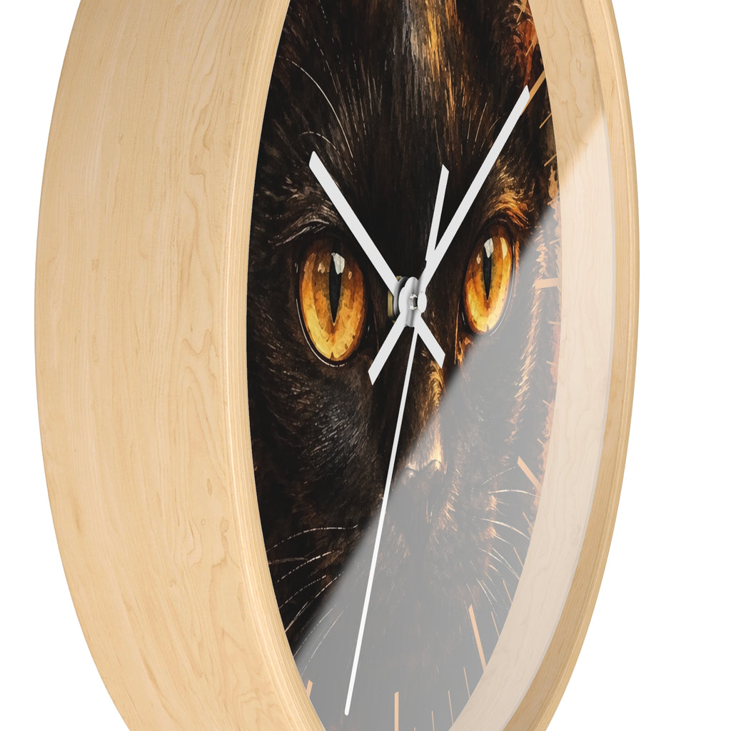Watercolor Black Cat Wood Wall Clock - Cheetah Print Background