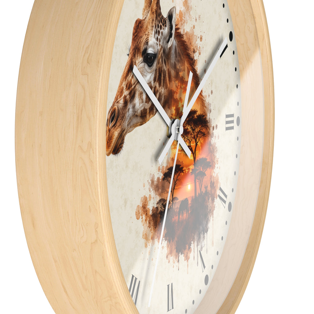 Round wall clock with a light natural wood frame and a printed giraffe and sunset scene on the face, shown against a plain white background.