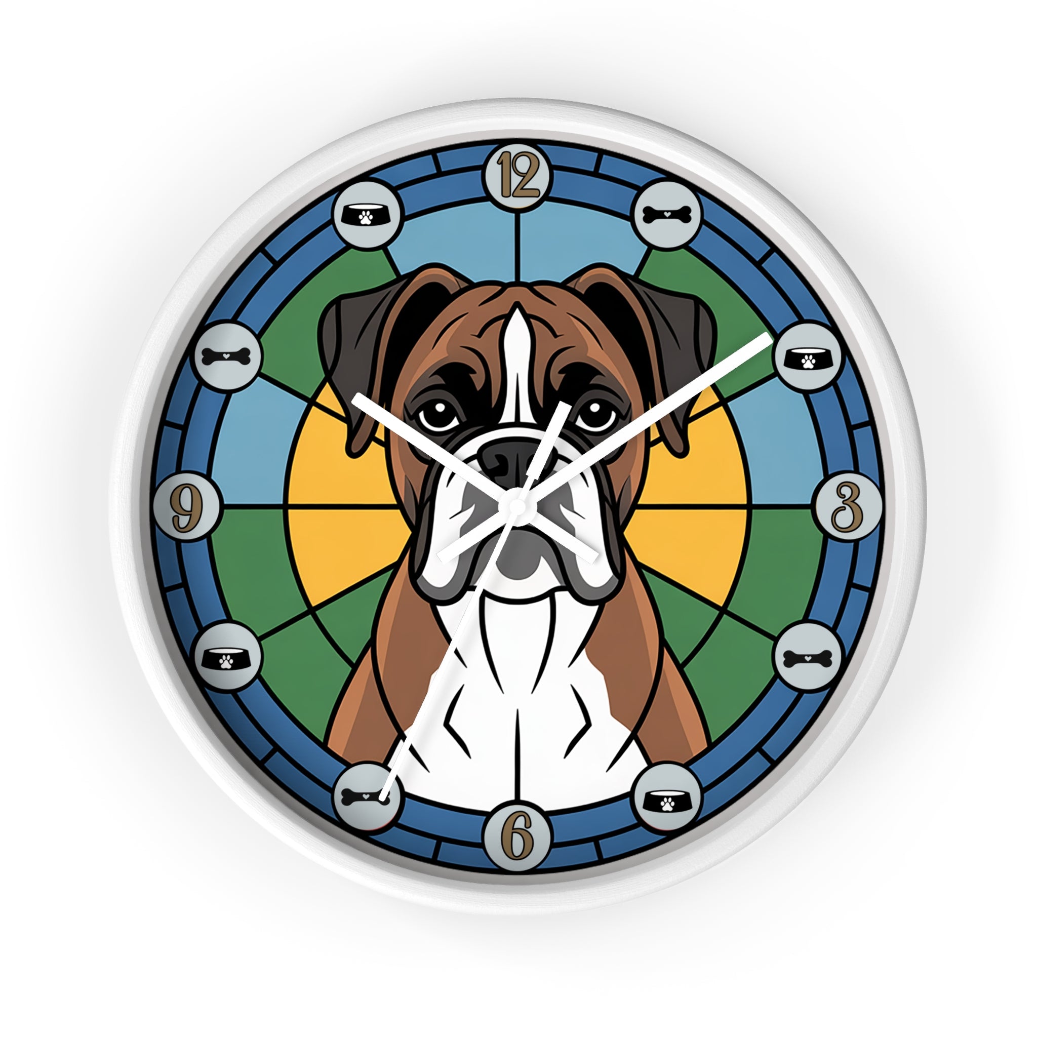 Wall clock with a dog illustration on a colorful circular design