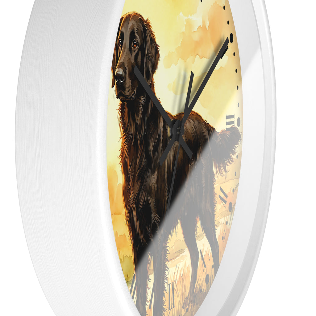 Round white wall clock featuring a painted black retriever dog on a warm yellow and beige background, shown against a plain white backdrop.