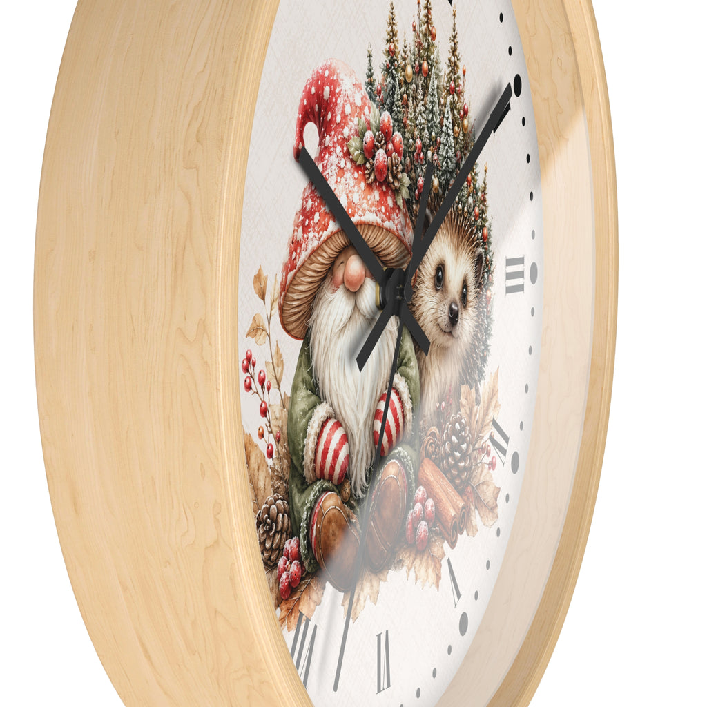 Christmas Gnome & Hedgehog Wall Clock — Cute Holiday Nursery Decor