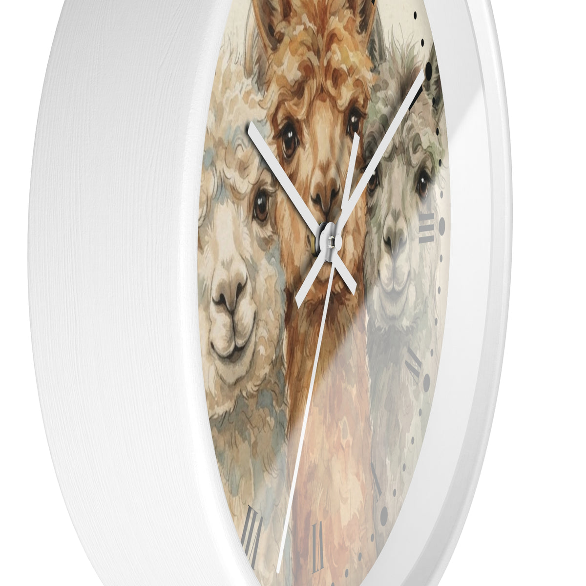 Round wall clock with a white frame and a printed alpaca illustration on the face, shown against a plain white background.