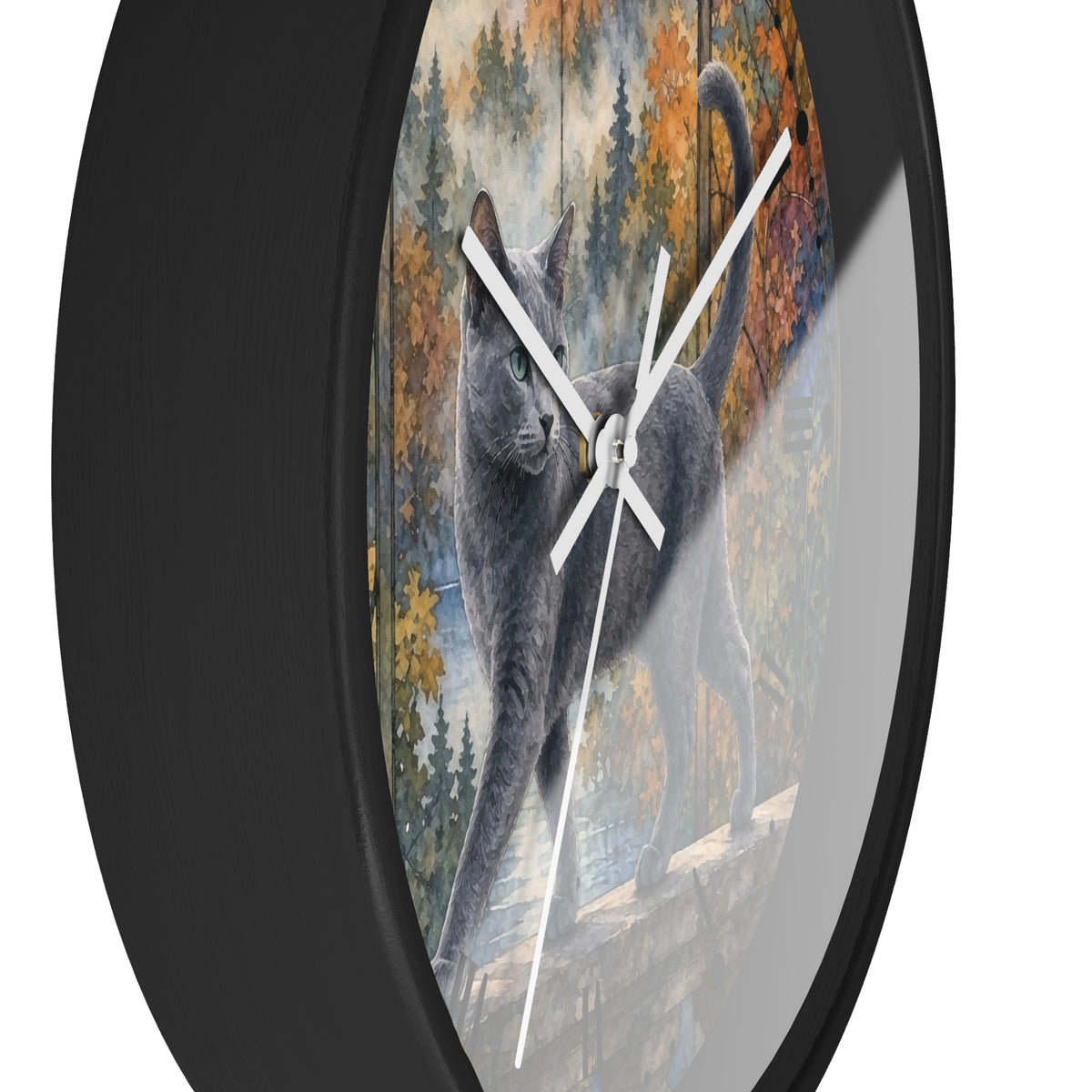 Majestic Gray Cat in Autumn Forest Wall Clock