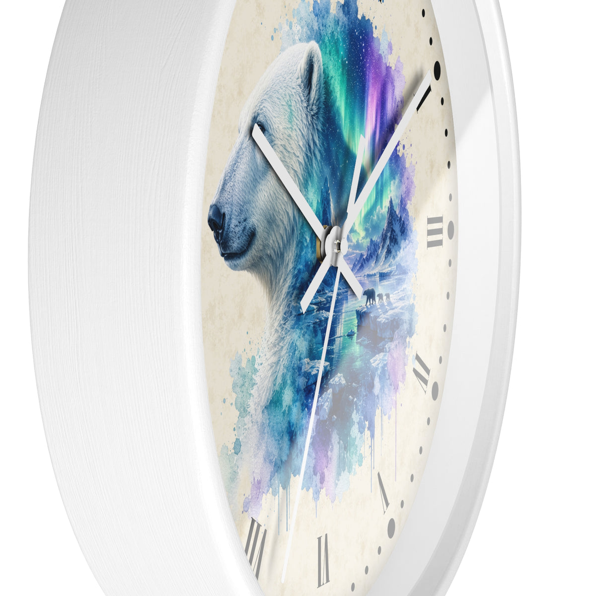 Polar Bear Aurora Layered Portrait Wall Clock — Northern Lights Wildlife Art Decor