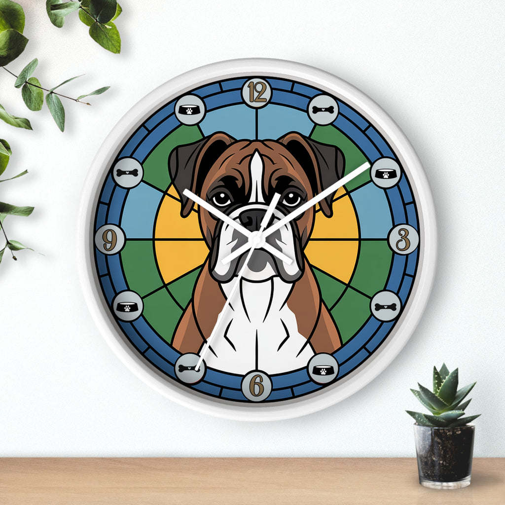 Wall clock with a dog design on a white wall with plants.