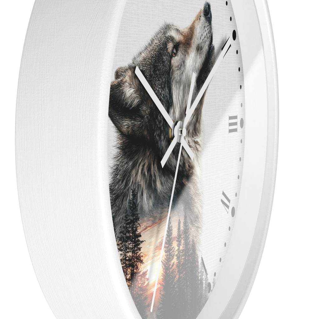 Wolf Sunset Wall Clock — Woodland Animal Art Decor