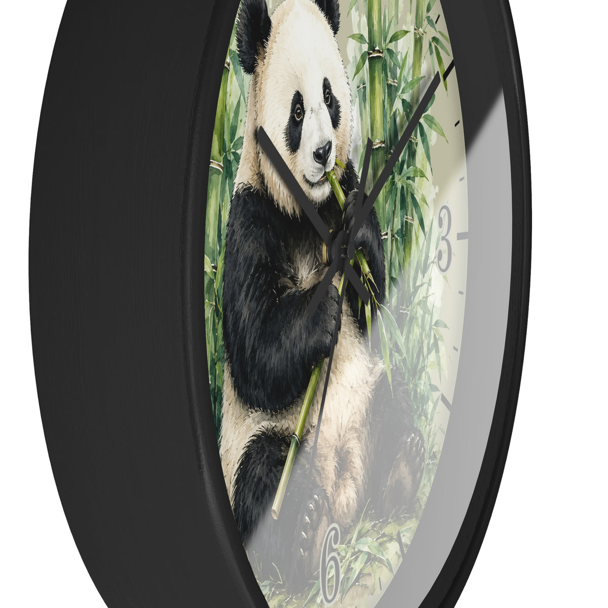 A round wall clock with a black frame and a printed panda illustration on the face, shown against a plain white background.