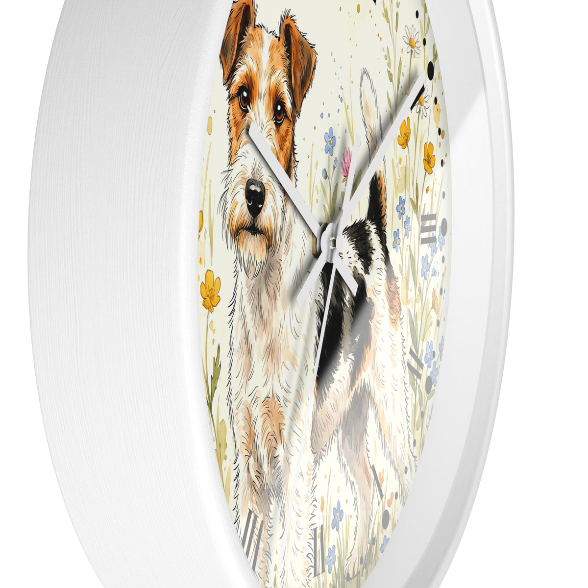 A round wall clock with a white frame and a printed illustration of a wirehaired dog standing in a meadow of wildflowers. The clock is shown against a clean white background.