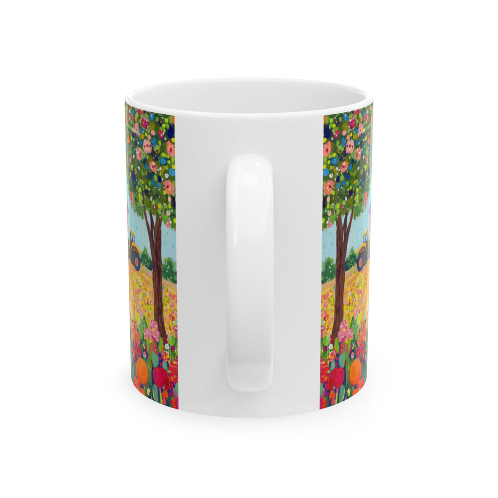 White mug with colorful floral design on a white background