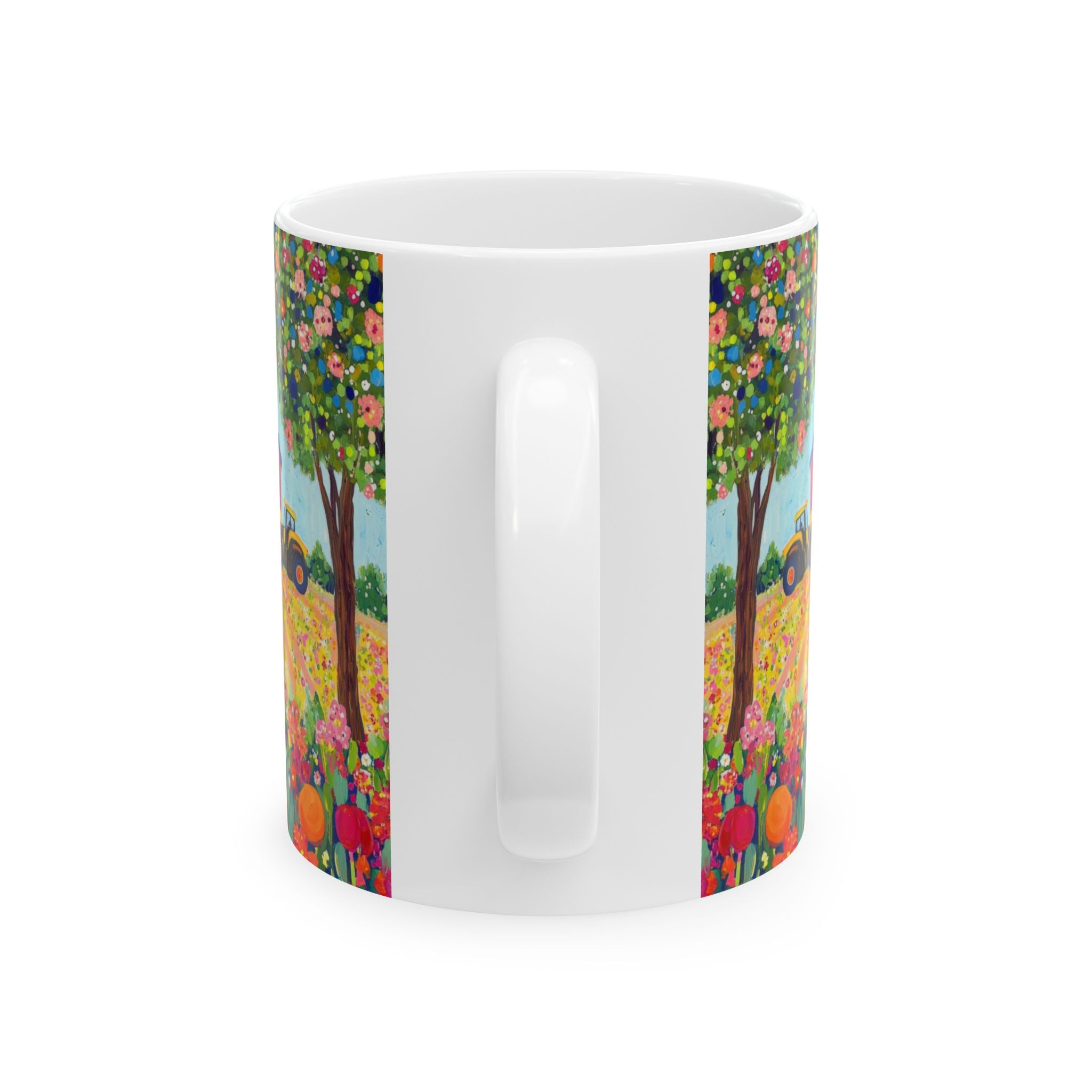 White mug with colorful floral design on a white background