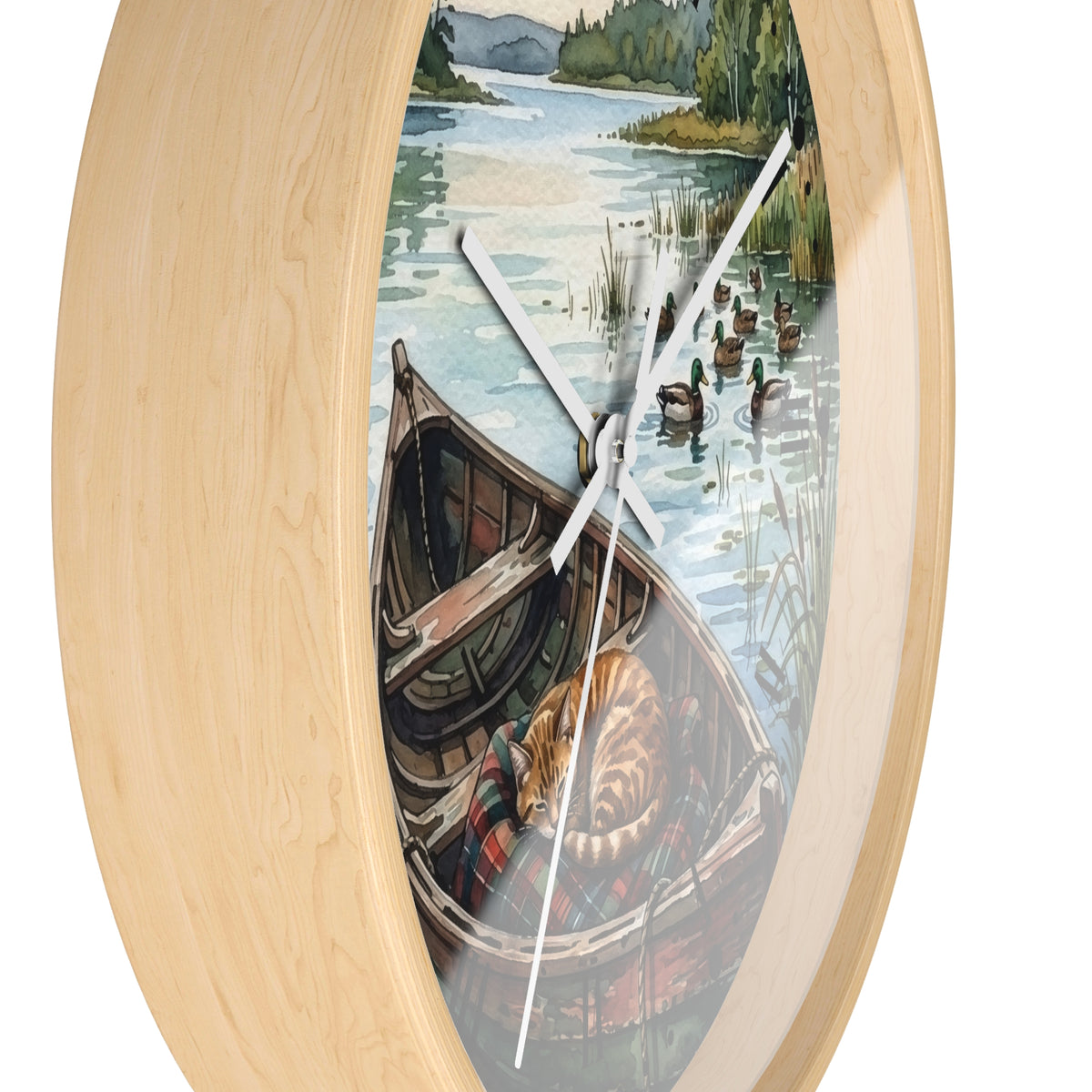 Oval wall clock with a light natural wood frame and a printed scenic dial showing a lake, ducks, reeds, and a canoe on a white background.