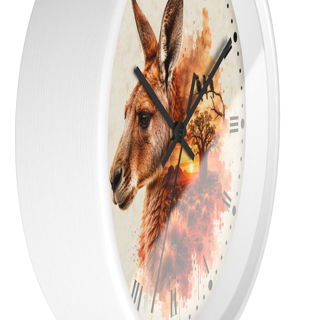 A white round wall clock with a printed design of a kangaroo's head over a sunset landscape on the face, shown against a plain white background.