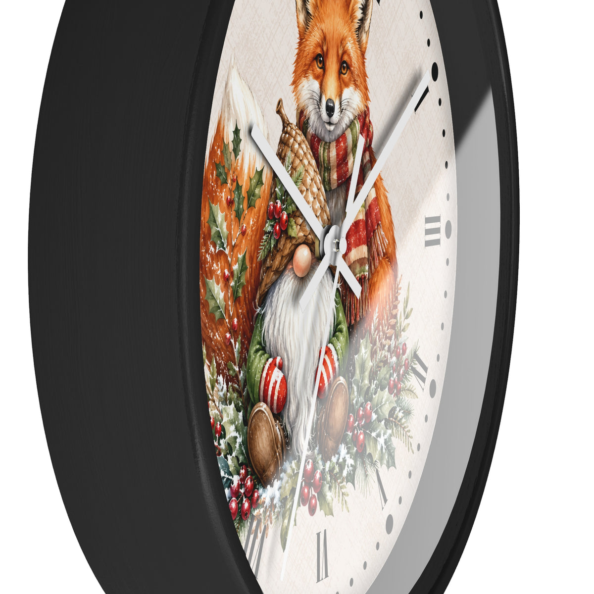 A round wall clock with a black frame and a white face featuring a festive illustration of a fox wearing a red scarf and holding a sack, surrounded by holiday greenery and candy canes.