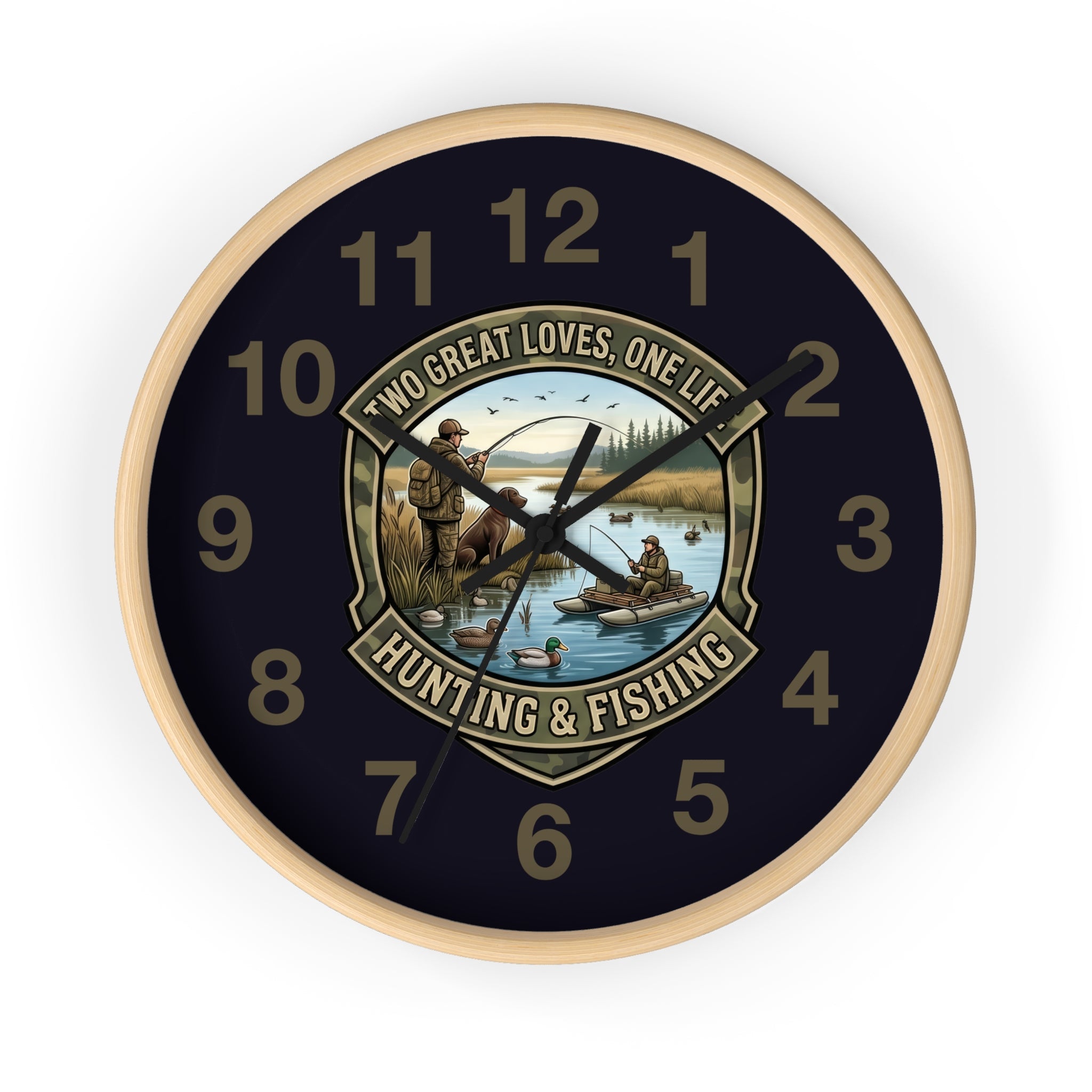 Hunting & Fishing Wall Clock — “Two Great Loves, One Life” Rustic Outdoors Decor