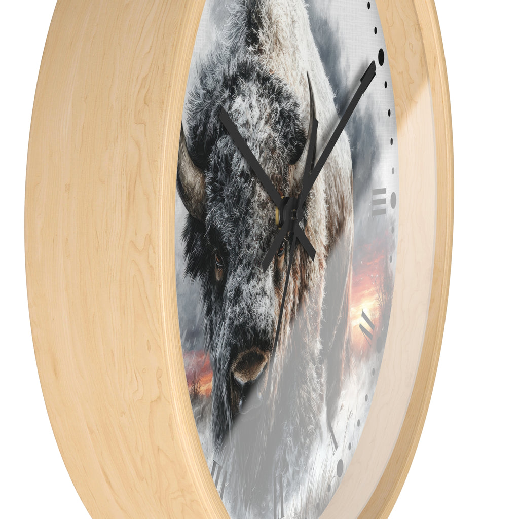 Winter Buffalo Wall Clock — Rustic Bison Decor