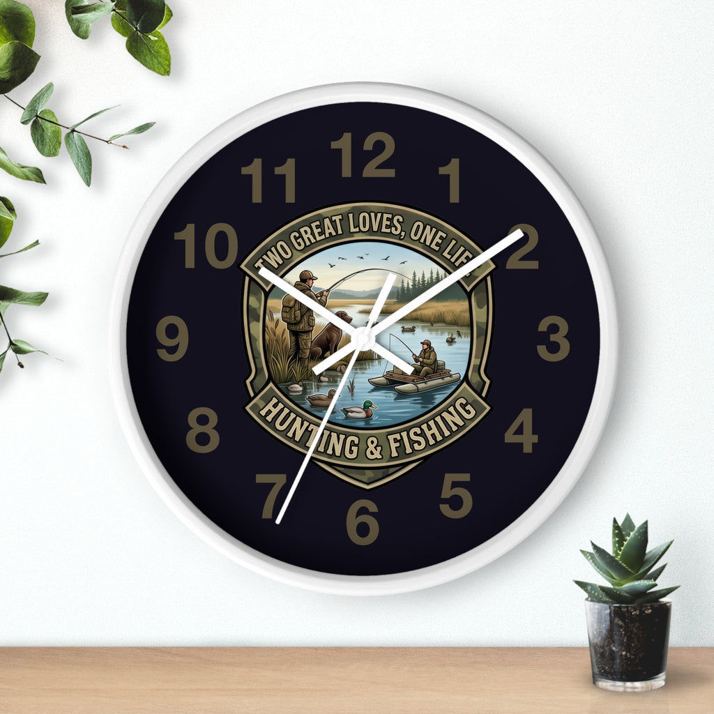 Hunting & Fishing Wall Clock — “Two Great Loves, One Life” Rustic Outdoors Decor