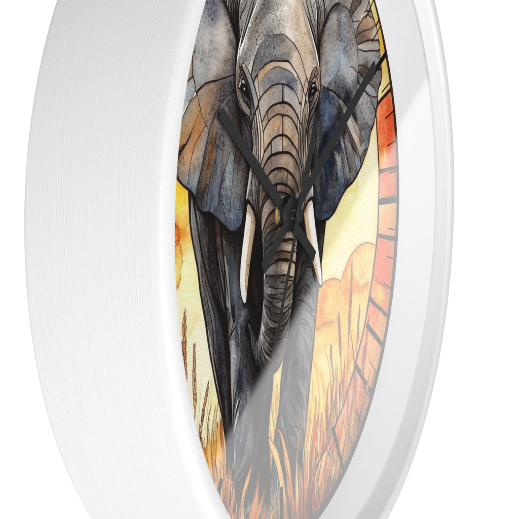 A round wall clock with a white frame and a printed elephant illustration on the face, shown against a plain white background.