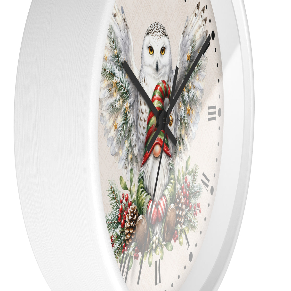 A white round wall clock with a festive Christmas owl illustration on the face. The design features a white owl with yellow eyes, wings decorated with snow and pine branches, a red and green striped scarf, candy canes, and holiday foliage.