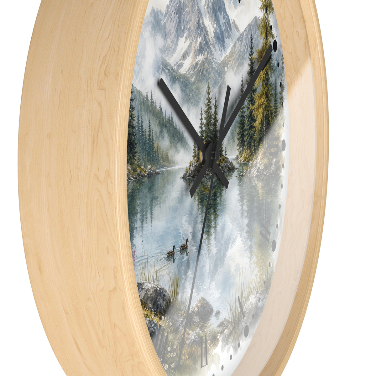 Round wall clock with a light natural wood frame and a scenic mountain lake print on the face, shown against a plain white background.