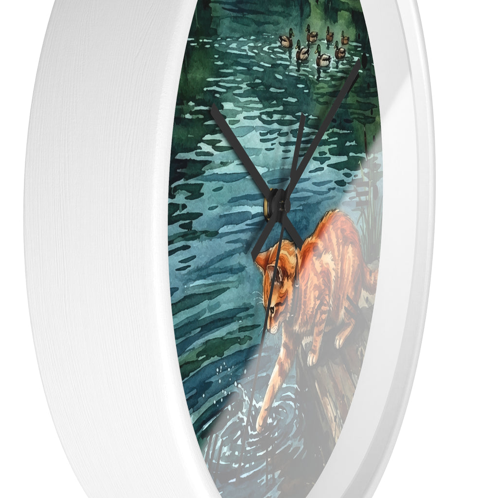 Cat at the Pond Wall Clock — Orange Tabby Fishing by Lakeside