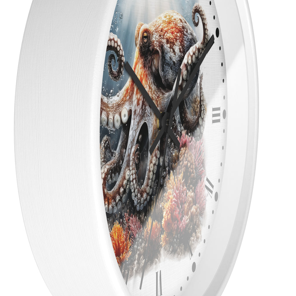 A white round wall clock with a printed octopus and coral reef design on the face, shown against a plain white background.