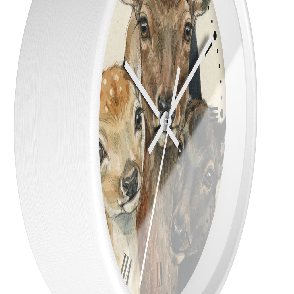 Round wall clock with a white frame and a printed animal face design featuring a deer, fawn, and bear on the dial, shown against a plain white background.