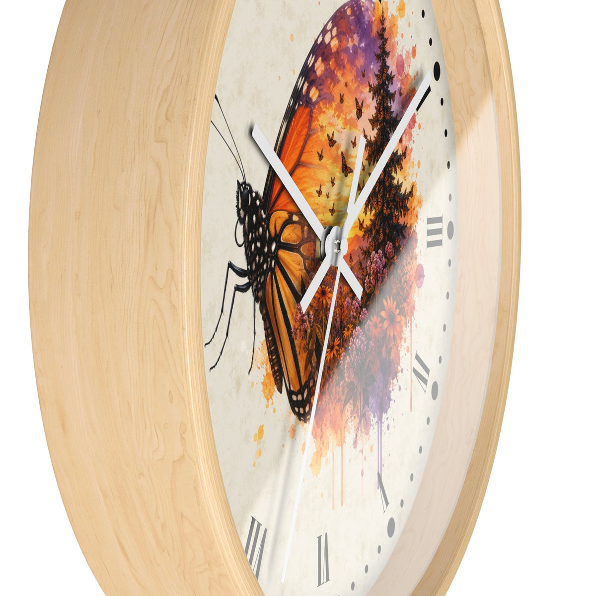 A close-up of a round wall clock with a light natural wood frame and a white dial featuring a large orange-and-black butterfly over a colorful watercolor-style background.