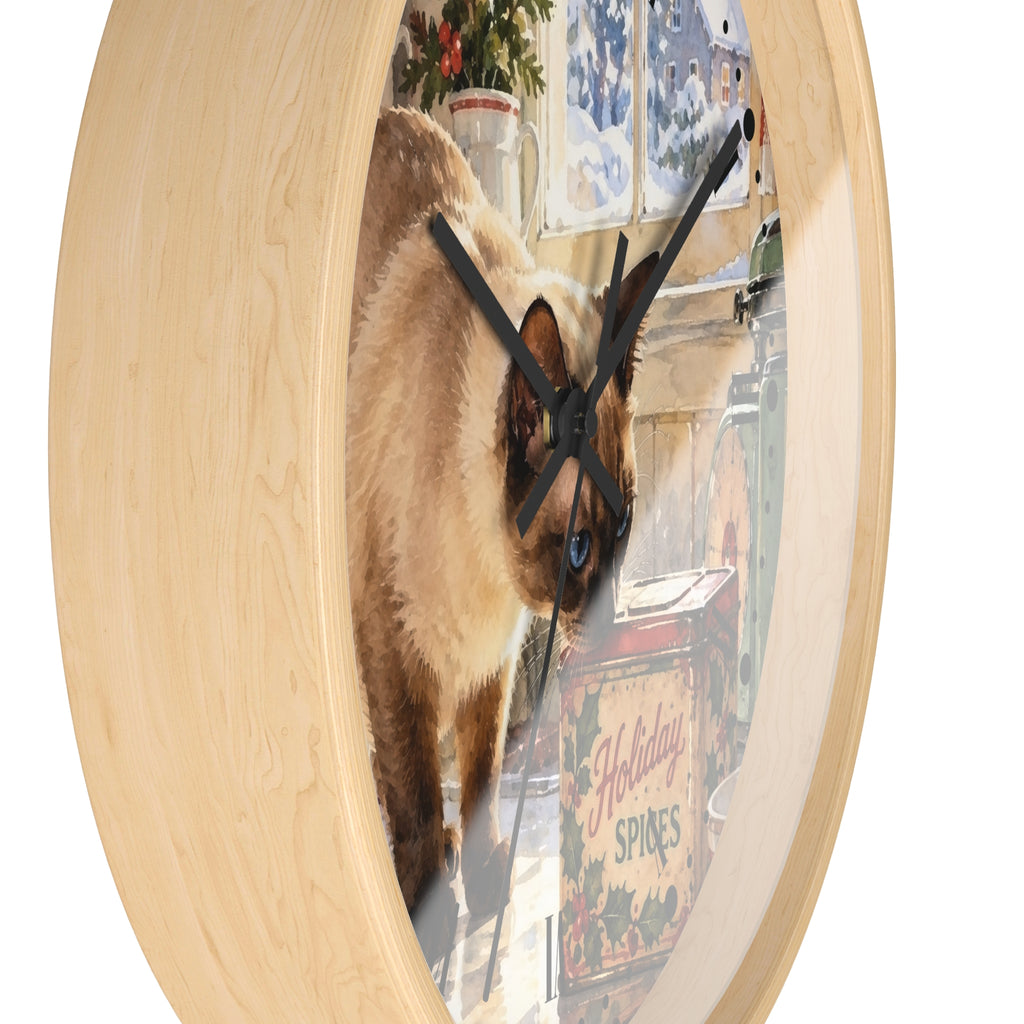 Retro Holiday Spice Siamese Cat Wood Wall Clock - Cat Lover Kitchen Decor