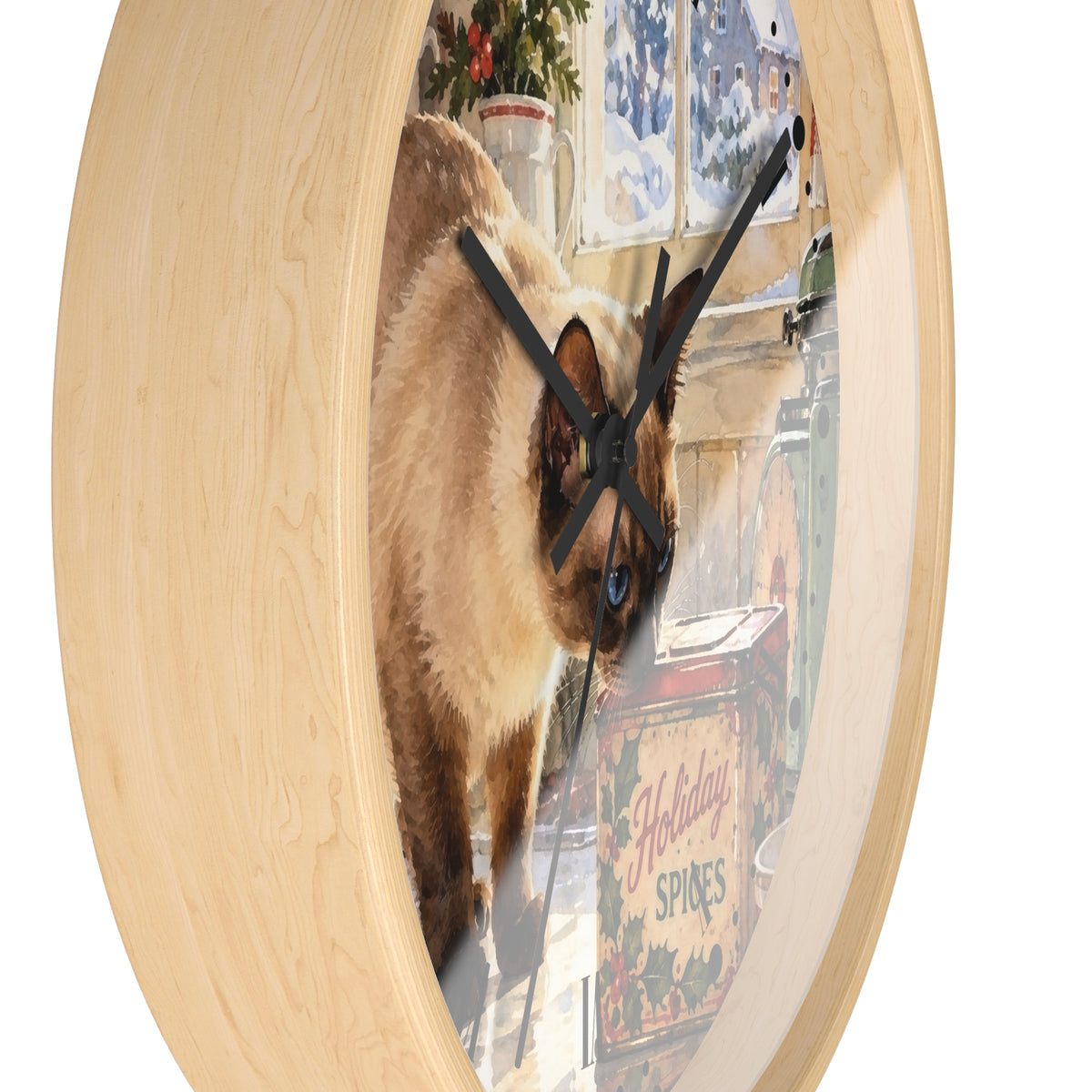 Retro Holiday Spice Siamese Cat Wood Wall Clock - Cat Lover Kitchen Decor