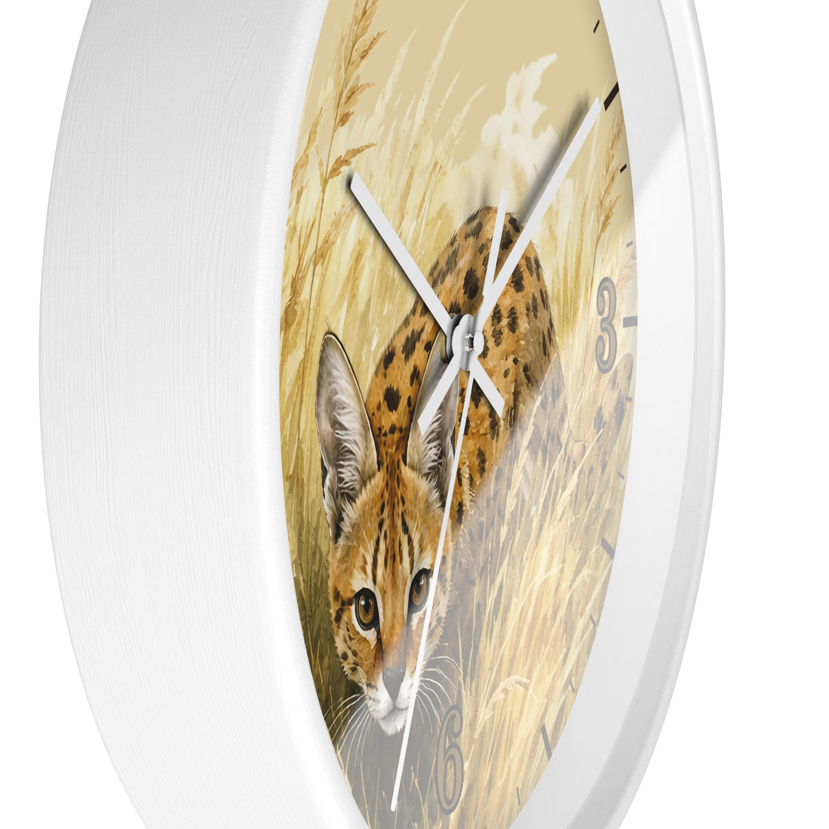 Round wall clock with a white frame and a printed design of a spotted big cat in a golden grassy field. The clock is shown at an angle against a plain white background.