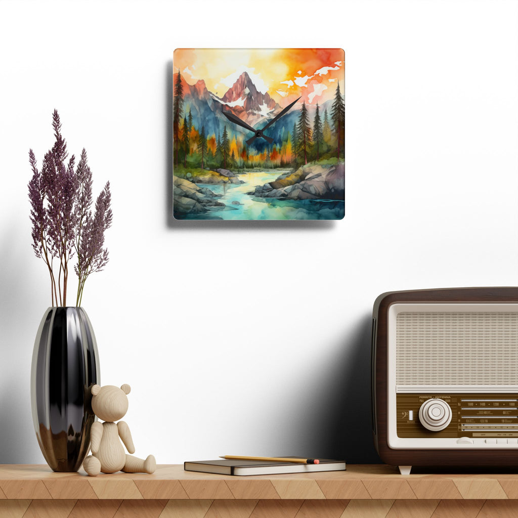 Mountain River Acrylic Wall Clock — Watercolor Landscape Home Decor