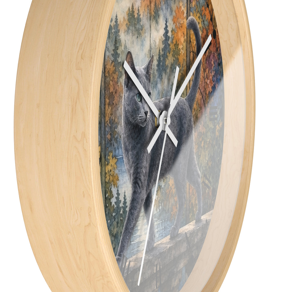 Majestic Gray Cat in Autumn Forest Wall Clock