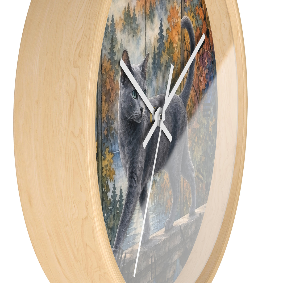 Majestic Gray Cat in Autumn Forest Wall Clock