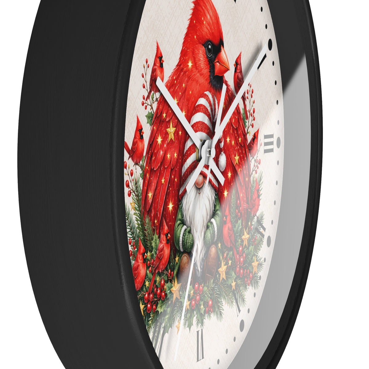 A round wall clock with a black frame and a festive Christmas design on the dial. The artwork features a large red cardinal, smaller cardinals, a white-bearded gnome in a striped sweater, evergreen branches, red berries, and gold stars on a light background.
