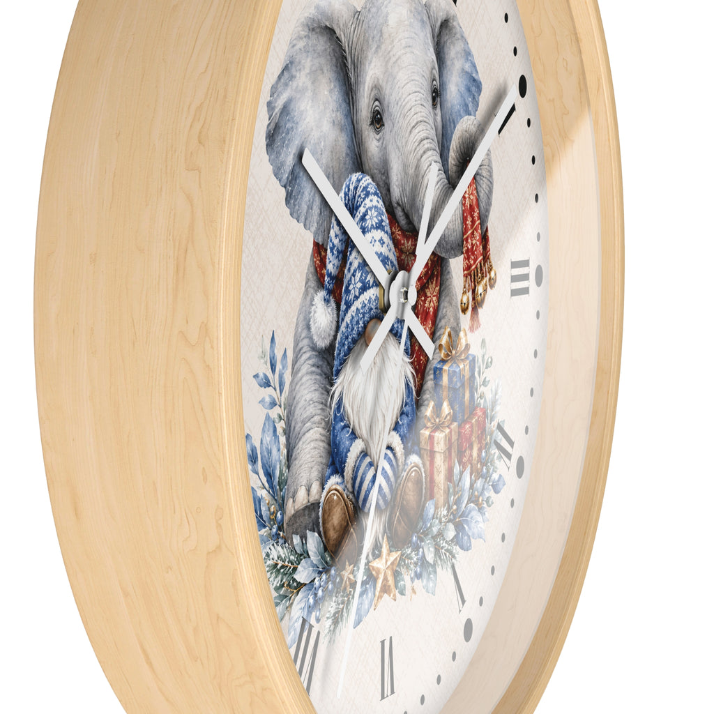 Elephant & Gnome Holiday Wall Clock —  Winter Animal Nursery Decor