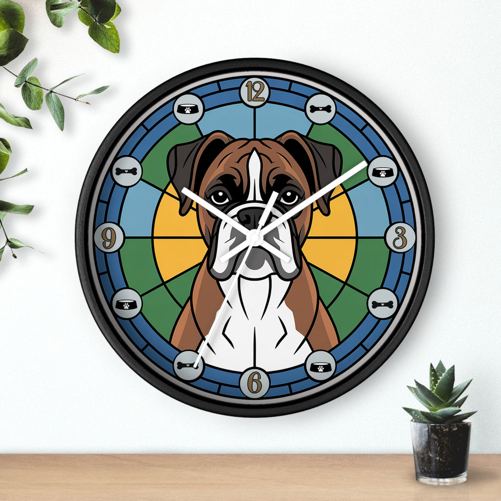 Wall clock with a dog design on a white wall with plants.