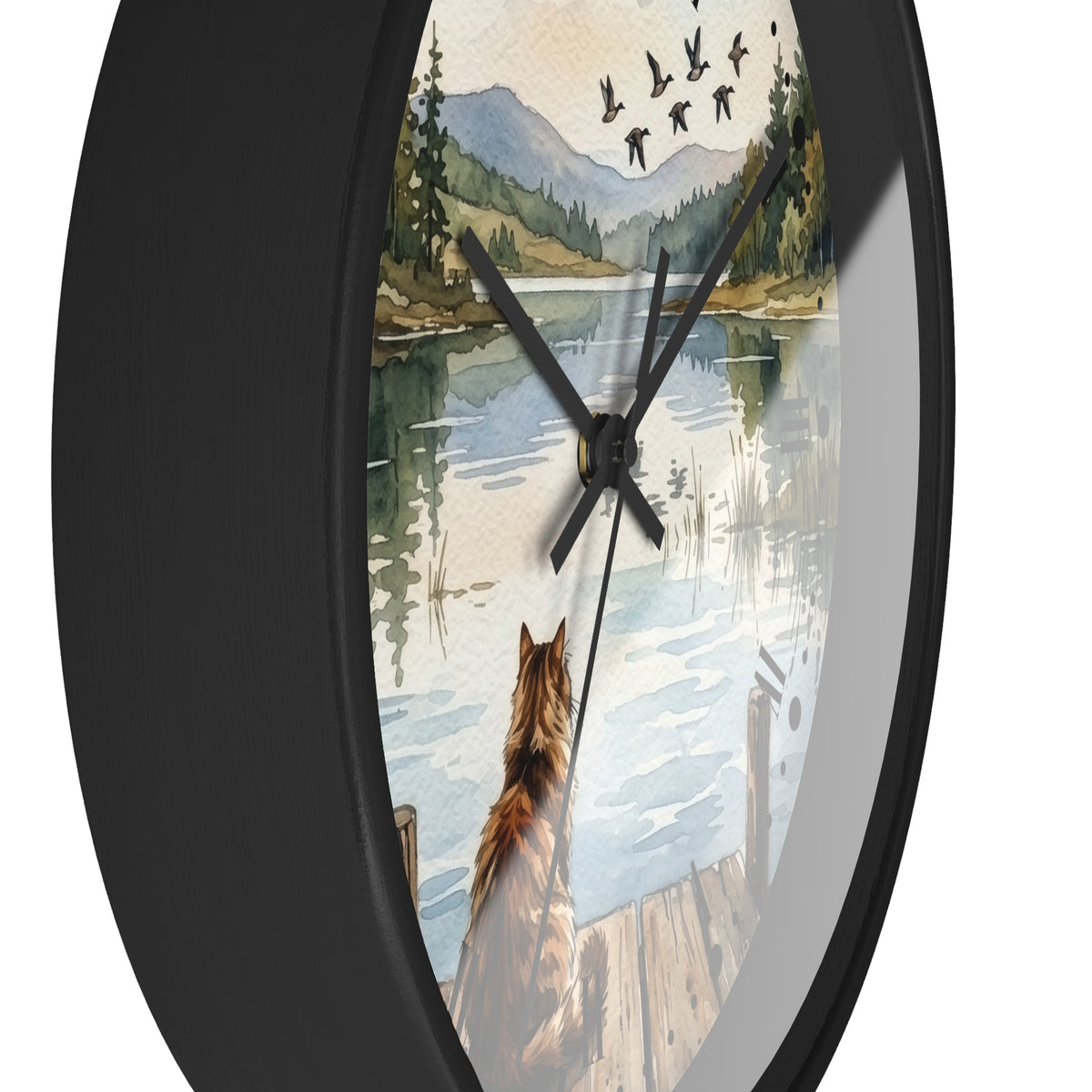Lakefront Cat Watching Ducks Wall Clock —  Scenic Animal Decor
