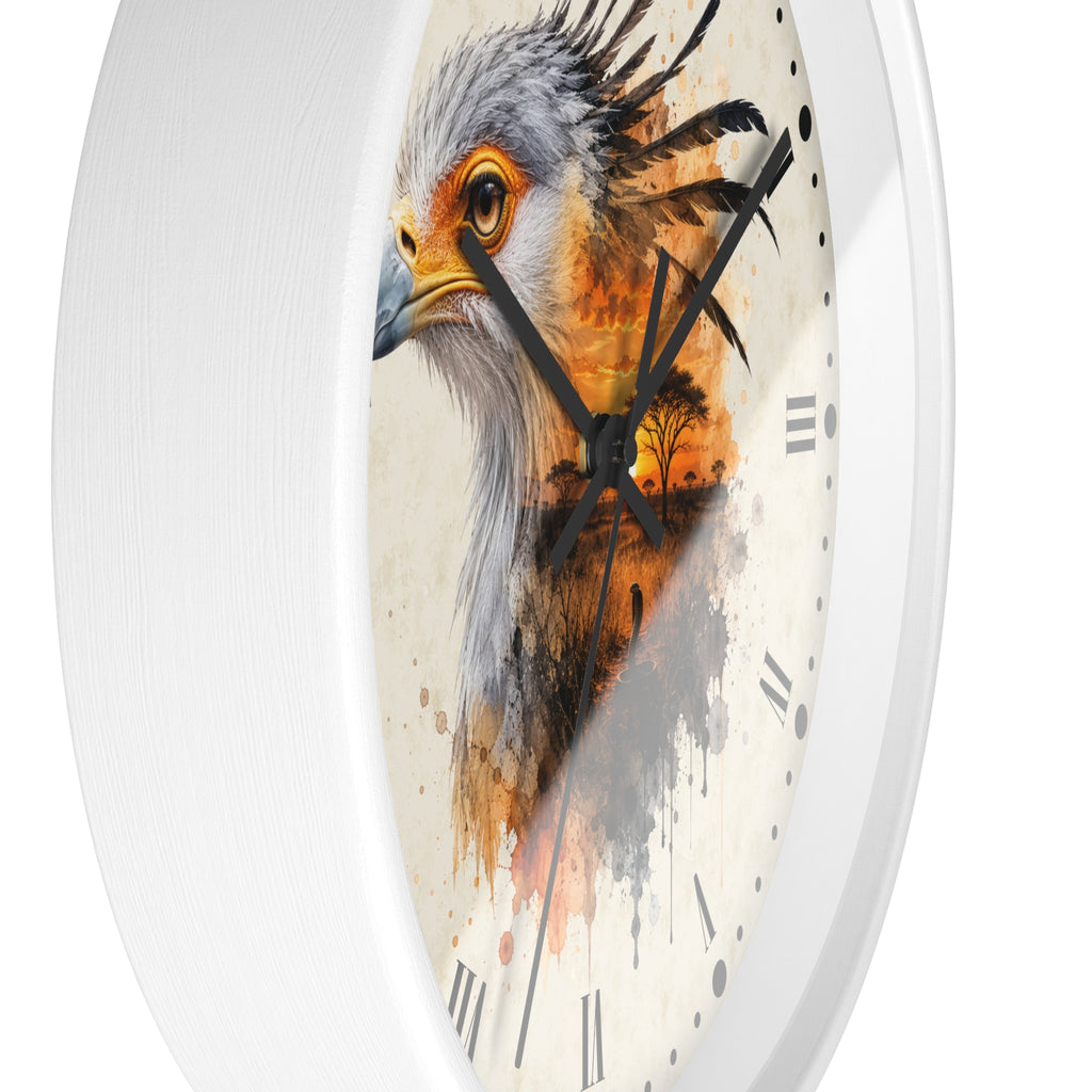A round wall clock with a white frame and a printed bird face design on the face. The artwork shows a detailed bird portrait in gray, orange, brown, and cream tones, with black clock hands and Roman numerals.