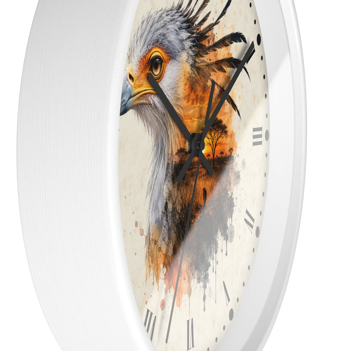 A round wall clock with a white frame and a printed bird face design on the face. The artwork shows a detailed bird portrait in gray, orange, brown, and cream tones, with black clock hands and Roman numerals.