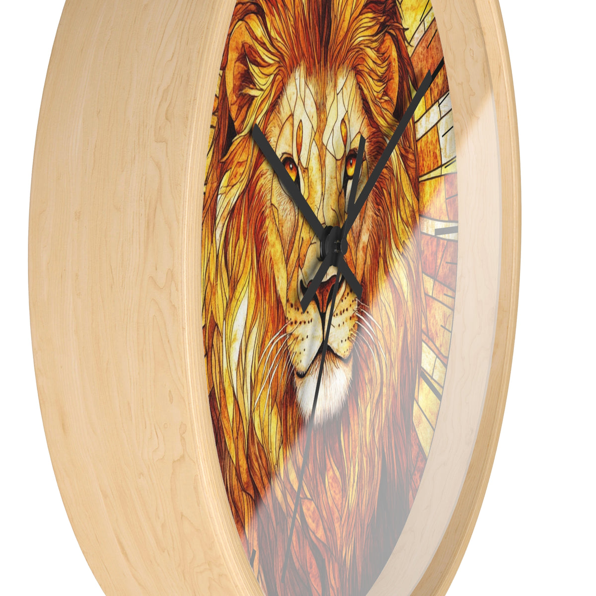 A round wall clock with a light natural wood frame and a printed lion face design on the face, featuring black clock hands.