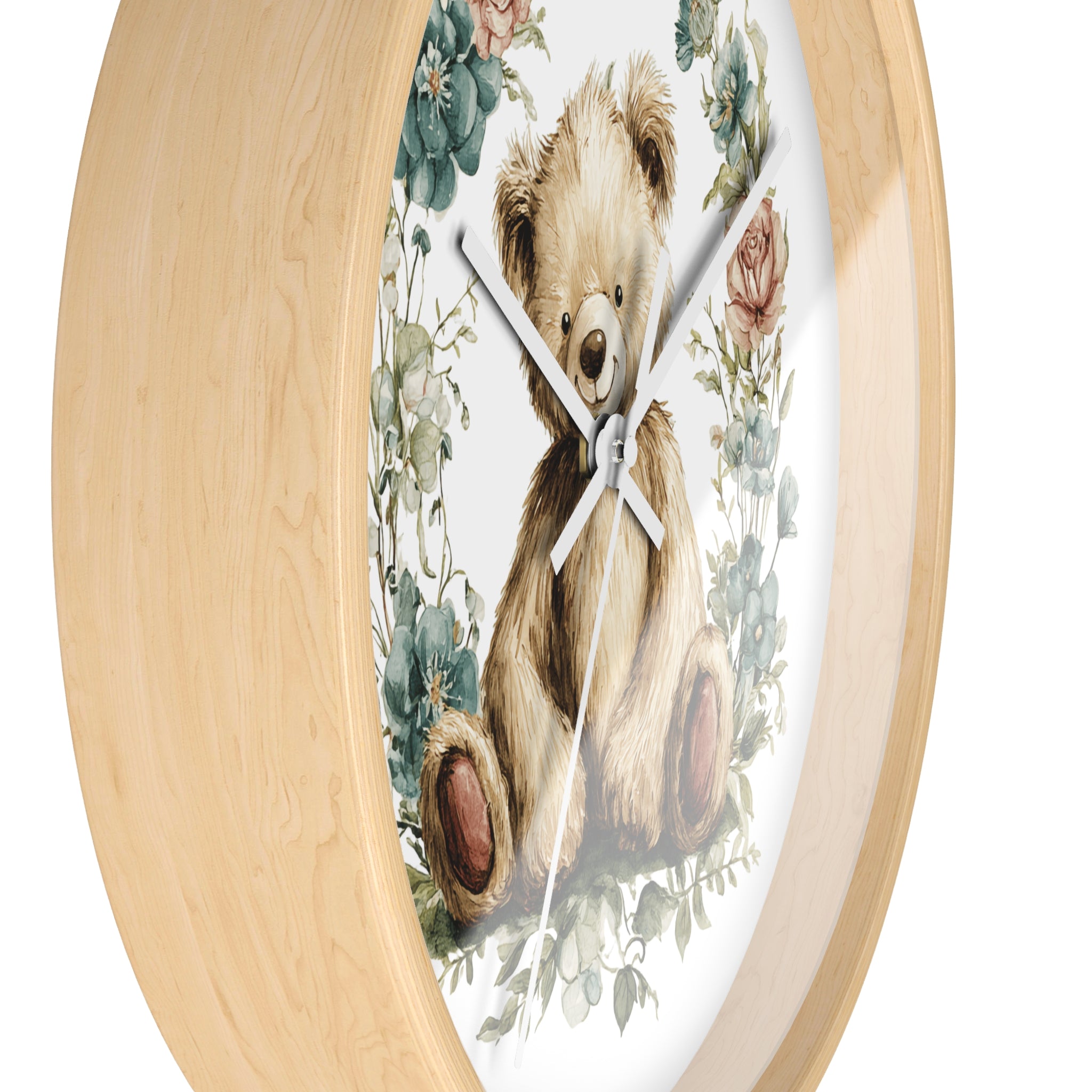 Teddy Bear Floral Wall Clock - Multiple Colors — Cute Nursery Clock for Baby Shower, Kids’ Room Decor