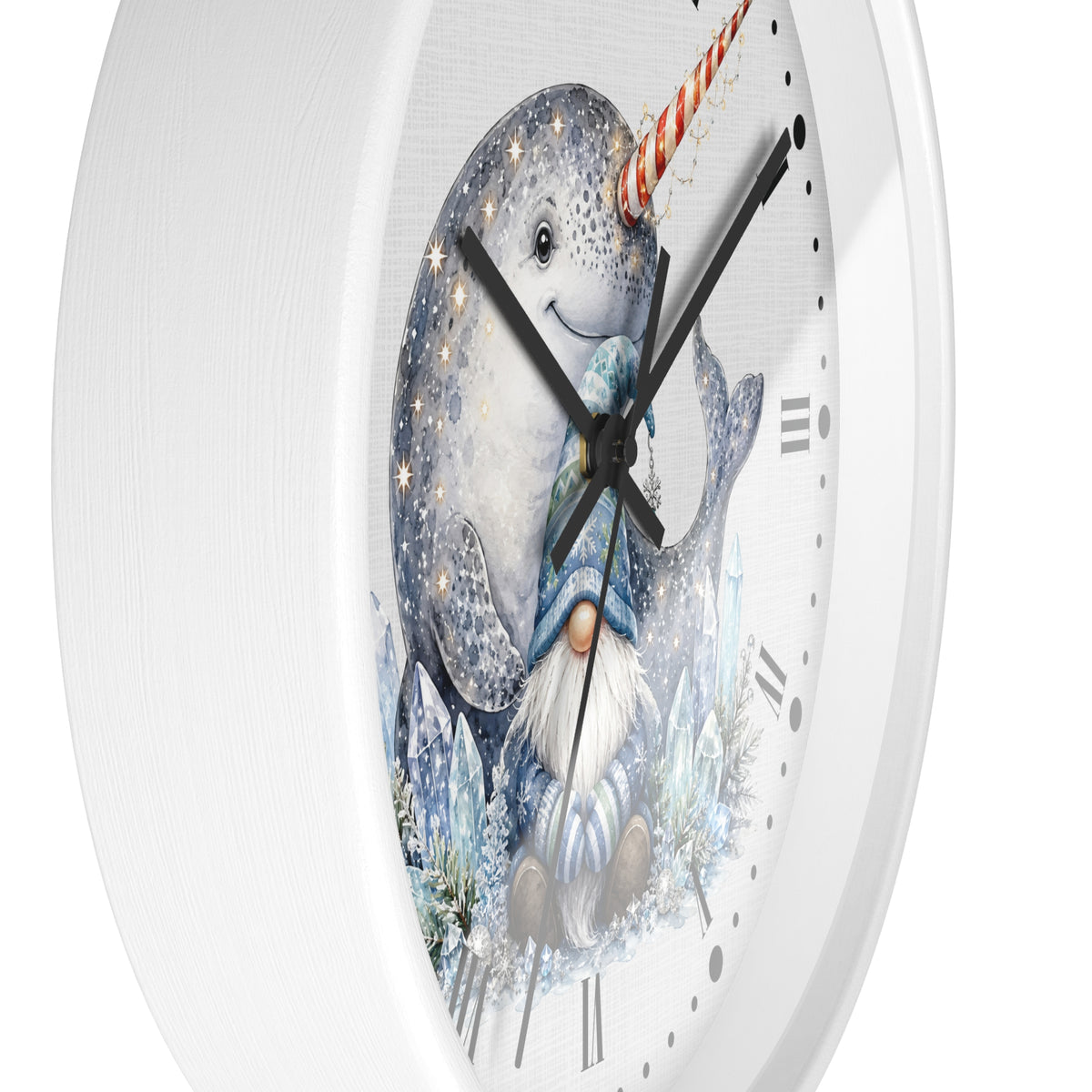 A white round wall clock with a whimsical illustration of a narwhal and a gnome on the face, shown against a clean white background.