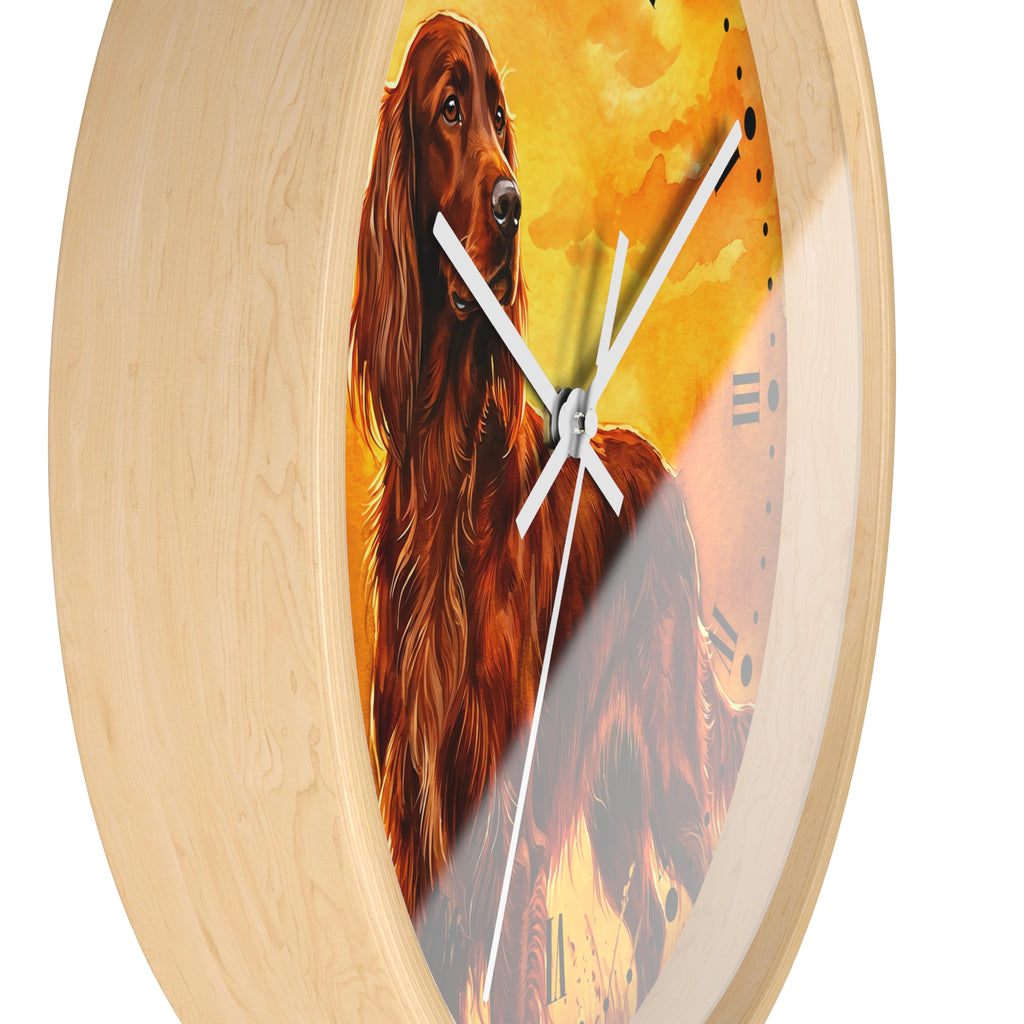 Round wall clock with a light natural wood frame and a printed illustration of a long-haired reddish-brown dog against a warm yellow-orange background, with white clock hands and black Roman numerals.