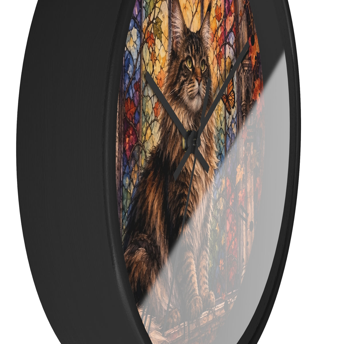 Main Coon Tabby Stained Glass Cat Wood Wall Clock