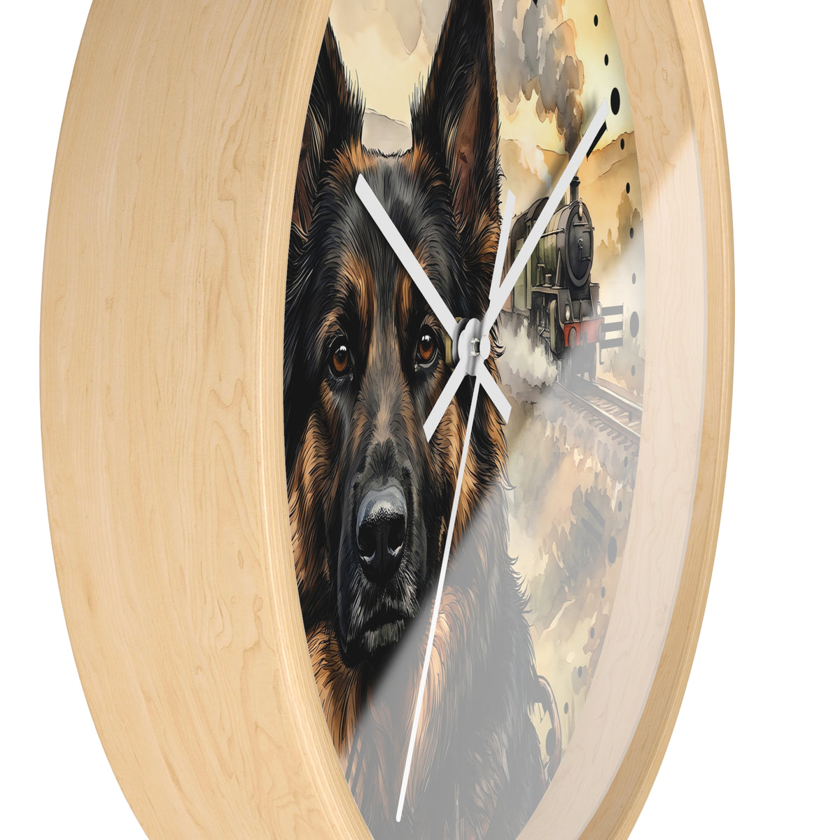 Round wall clock with a light natural wood frame and a printed design featuring a German Shepherd dog portrait over an illustration of a steam train.