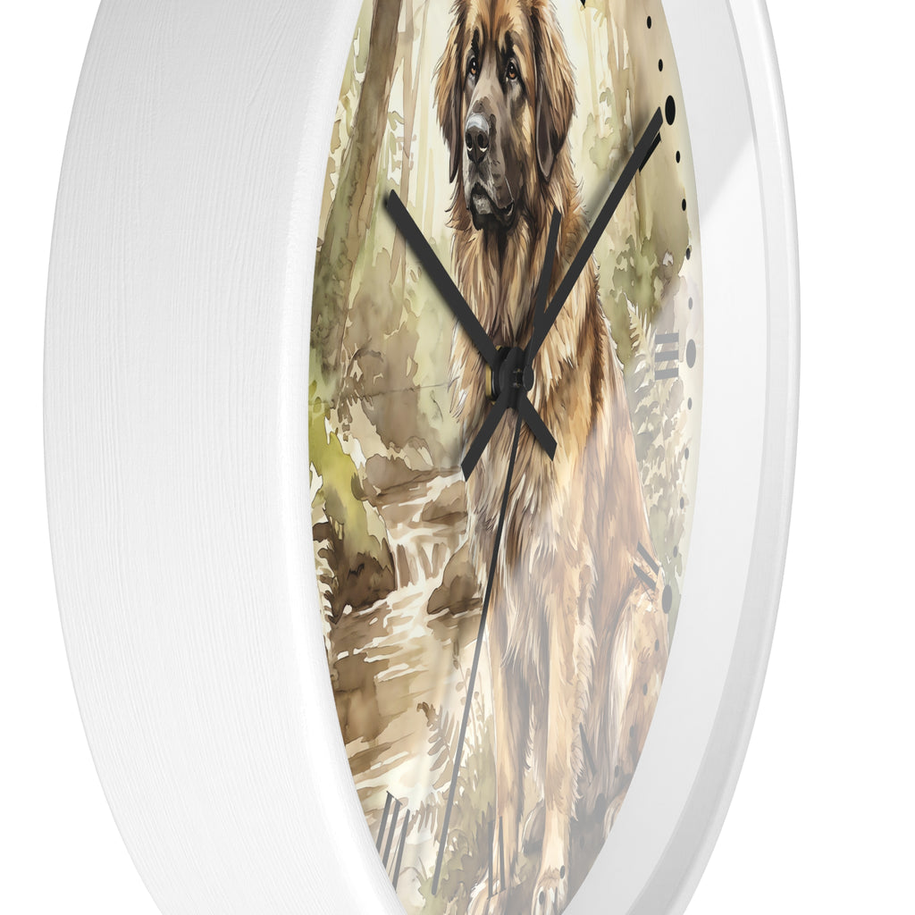 Round wall clock with a white frame and a printed watercolor-style illustration of a Leonberger dog in a forest scene on the clock face, with black hands.