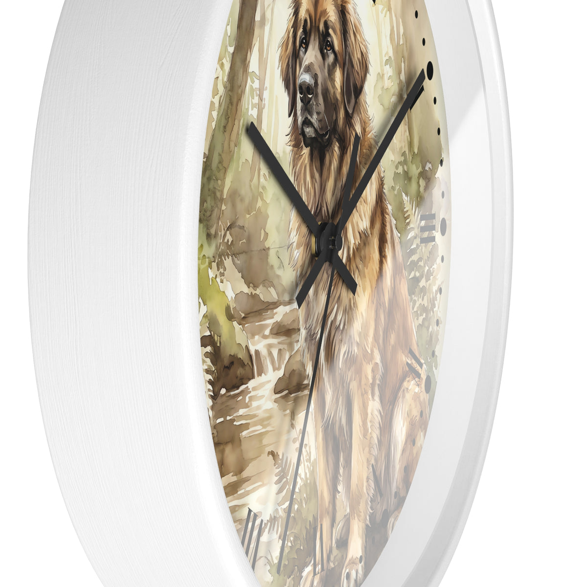 Round wall clock with a white frame and a printed watercolor-style illustration of a Leonberger dog in a forest scene on the clock face, with black hands.
