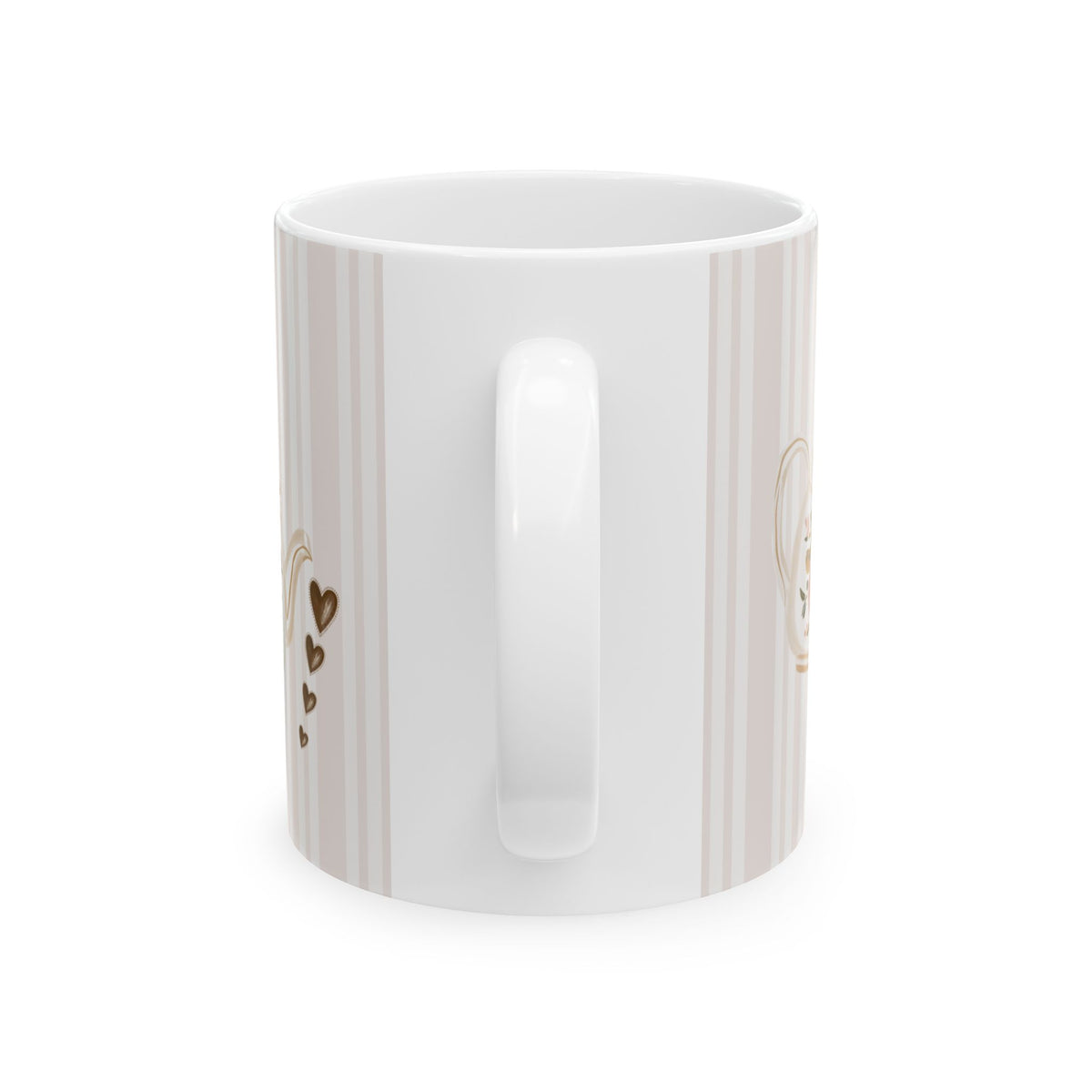 A white ceramic mug with a handle, decorated with vertical beige stripes and small gold heart and oval motifs, shown against a plain white background.