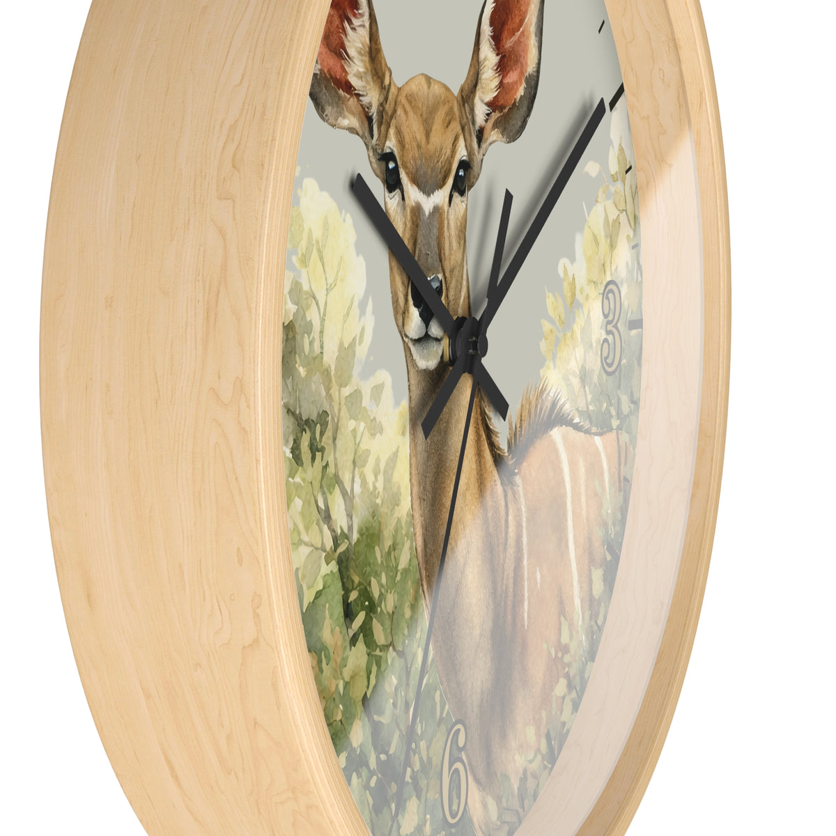 Round wall clock with a light natural wood frame and a printed deer illustration on the face, shown against a plain white background.
